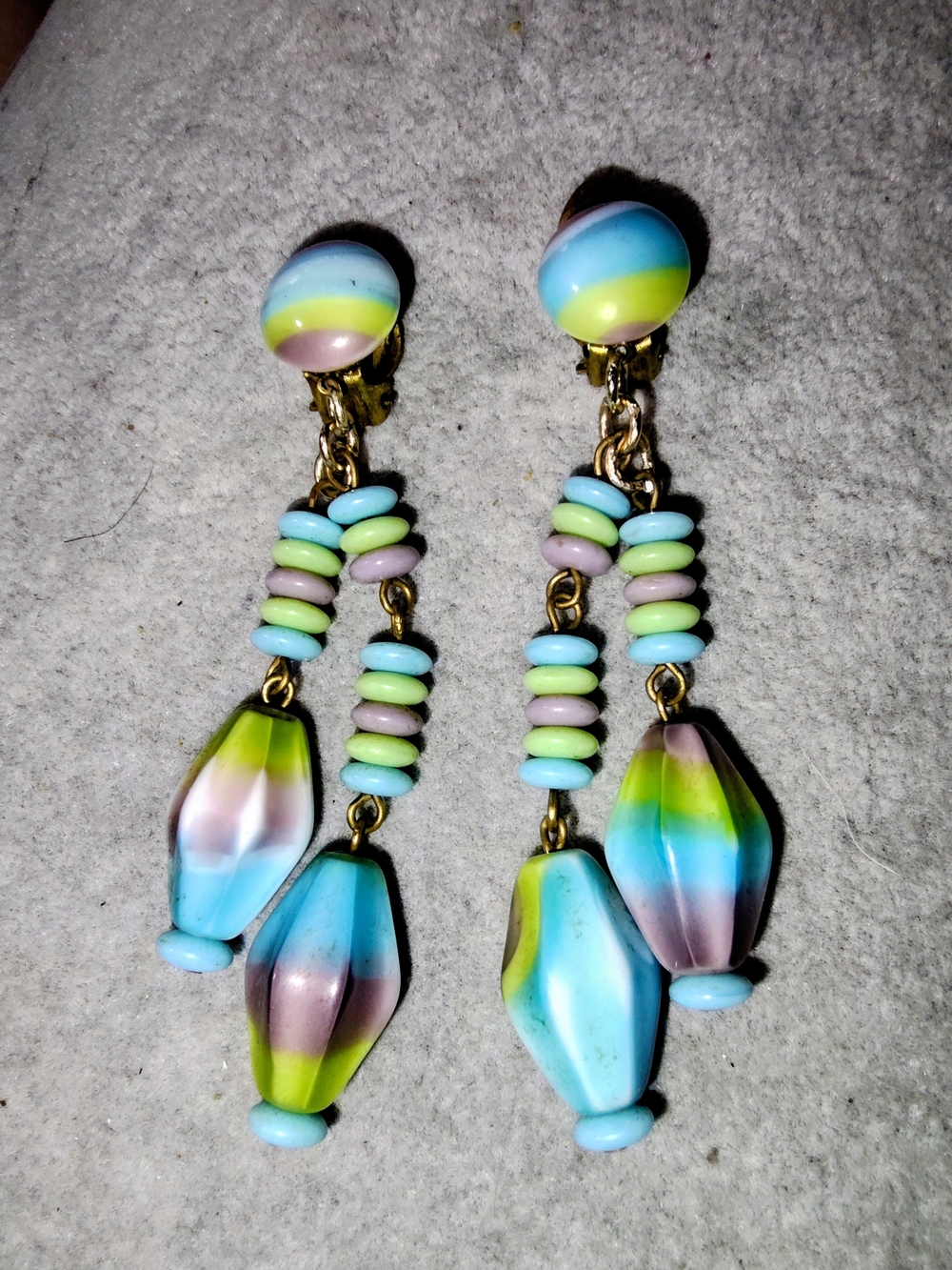 Vintage Artisan Glass Drop Earrings- Cornflower Blue, Lime Green, & Eggplant -3"
